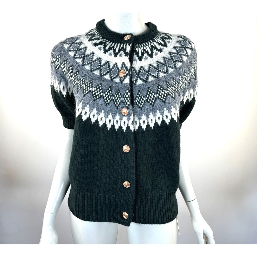 Commense Cashmere-Blend Fair Isle Short-Sleeve Cardigan‎ Women L NWT Button Up